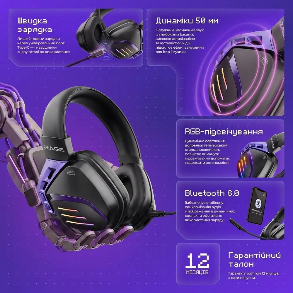 Ігрова гарнітура Proove Gaming Rage (APP) white/purple (WHRG00020002) - фото 10