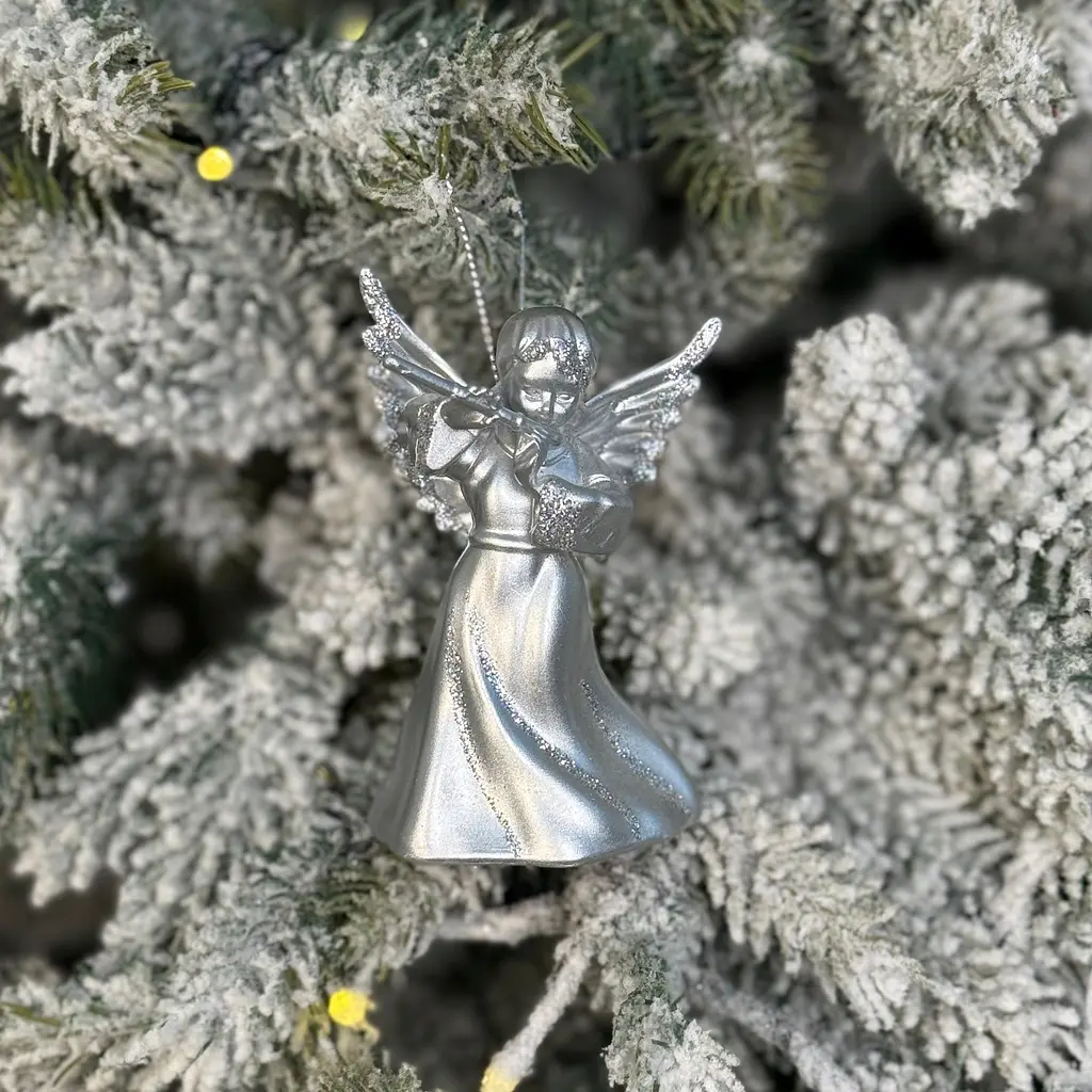 Новогодняя подвеска MIS LT Ангел с дудочкой малый 4х3,5х6 см серебряный - фото 2