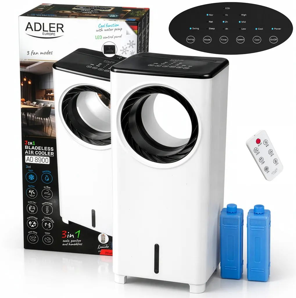 Кліматизатор-охолоджувач повітря Adler AD 8900, безлопатевий, 3 в 1, 80 Вт, 4 л, пульт, LED-дисплей, білий