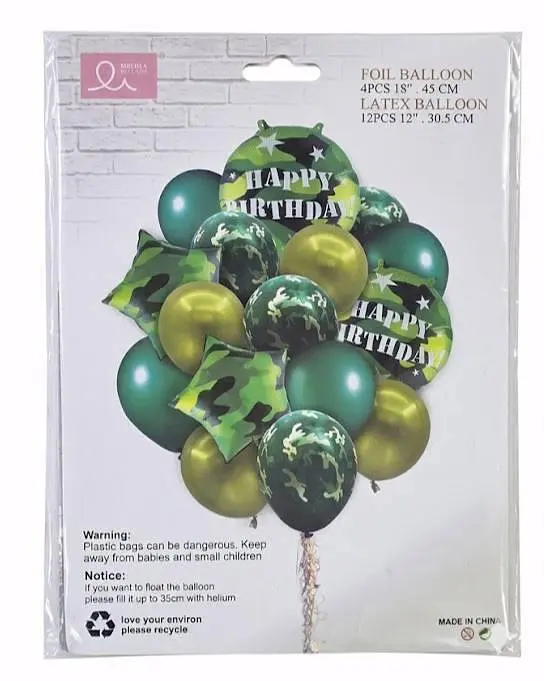 Набір повітряних фольгованих кульок камуфляж Happy Birthday з зірками надувні декоративні для свят 12 шт. - фото 2