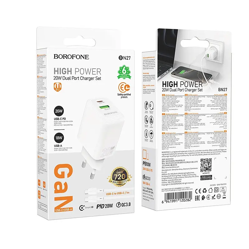 Сетевое зарядное устройство с кабелем Borofone BN27 Fuente PD20W+QC3. 0 charger set (C to C) (EU) белый - фото 2