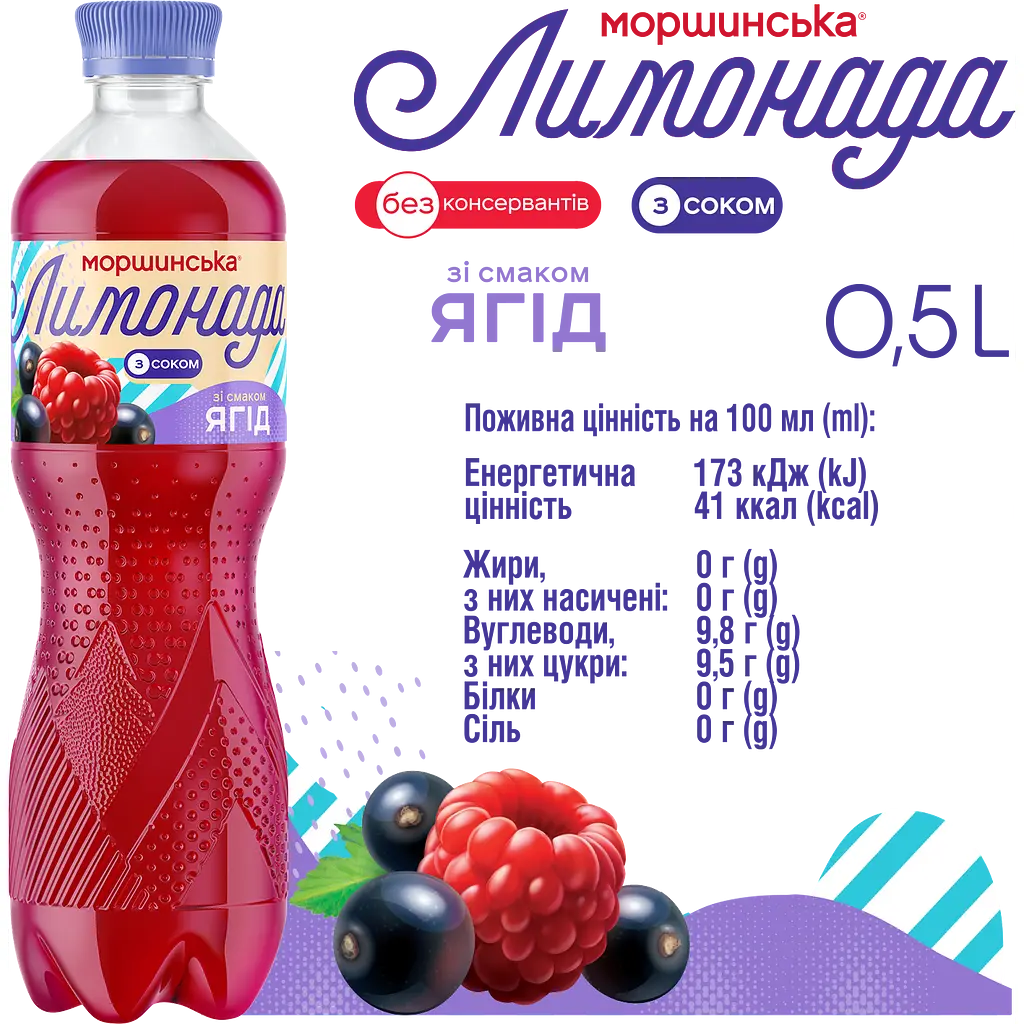 Напій Моршинська Лимонада Ягоди середньогазований 0.5 л - фото 6