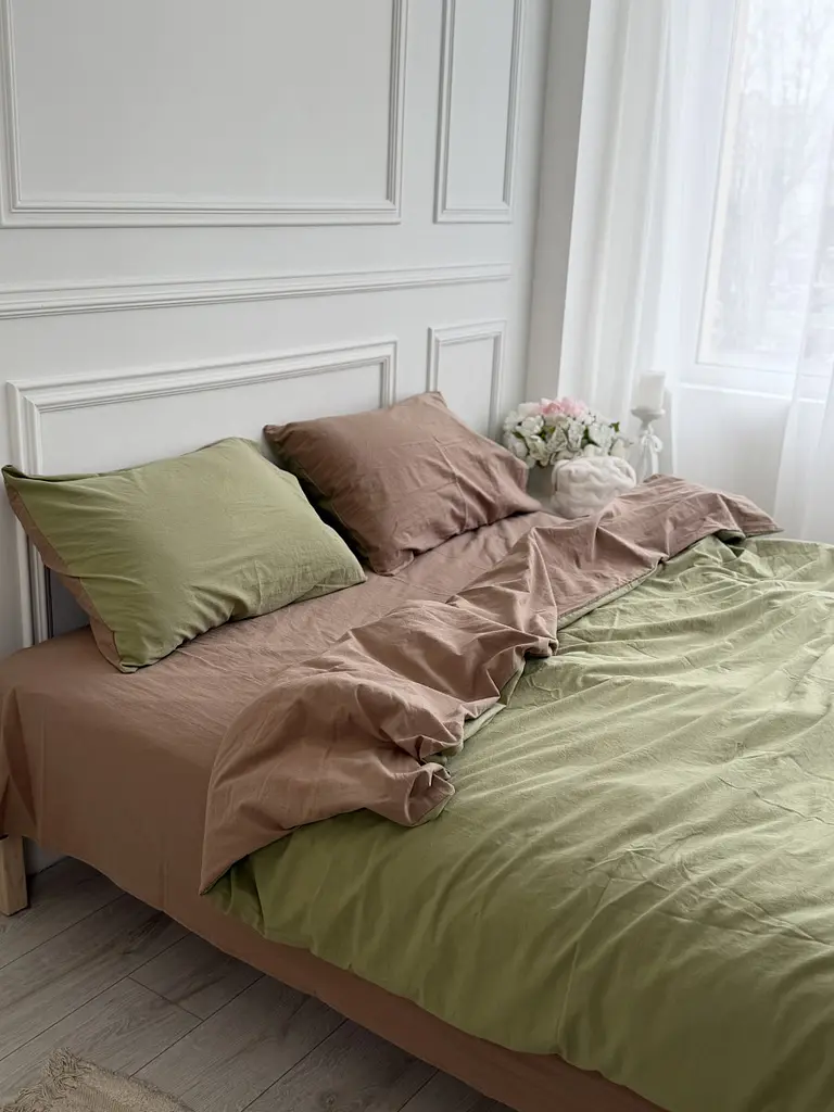 Постільна білизна євро Dushka Home Варена бавовна преміум 21674 200х220 см кориця з фісташковим - фото 2