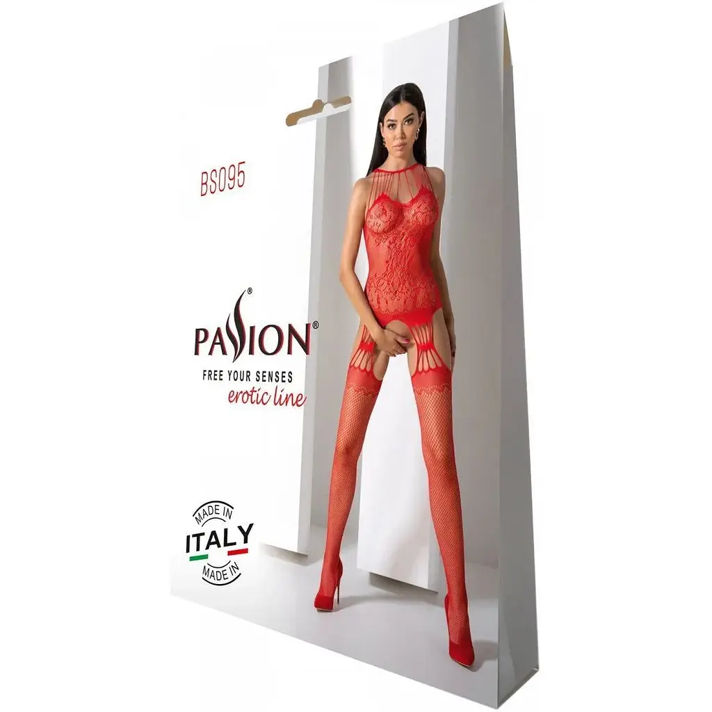 Бодістокінг з безліччю бретелей Passion BS095 One Size, Red, імітація пояса та панчіх, з доступом - фото 6