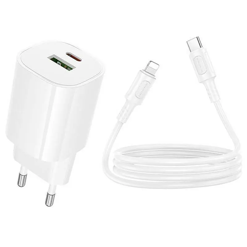 МЗП Borofone BA104A Pudding PD20W+QC3.0 (1USB-A/1C) + кабель Type-C to Lightning White - фото 3
