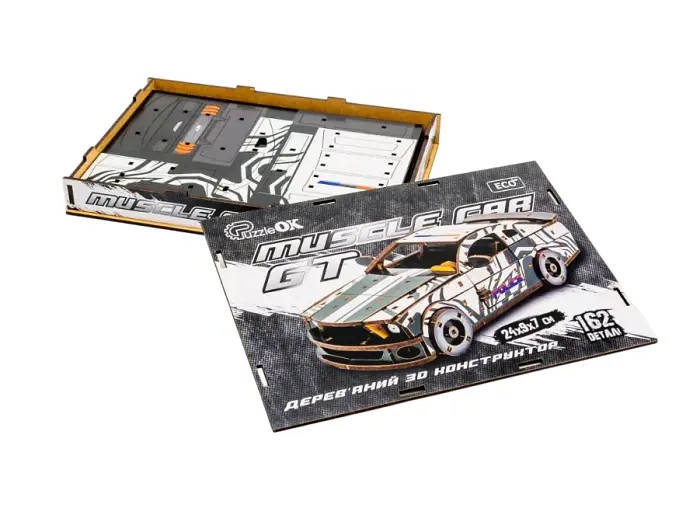 Дерев'яний 3D конструктор Muscle car GT, Puzzleоk (Puz-00639), 162 дет. (біла) - фото 7