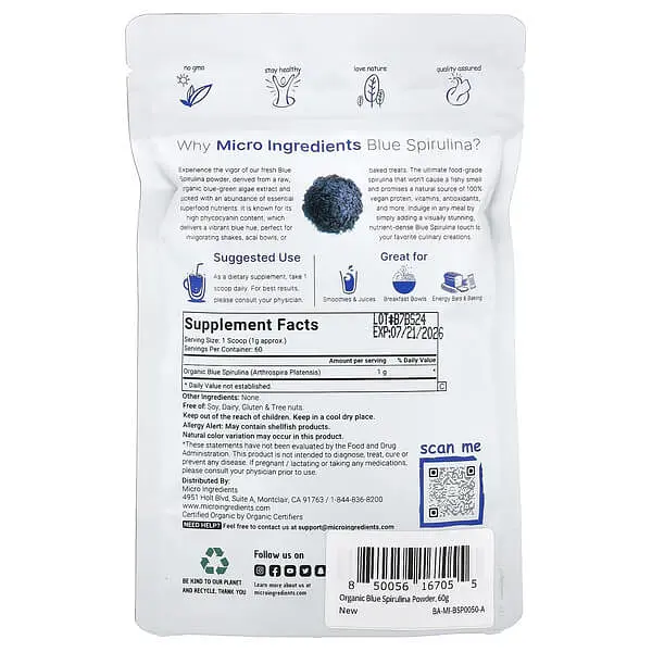 Спіруліна Organic Blue Spirulina 60 g Micro Ingredients vit0004893 - фото 2