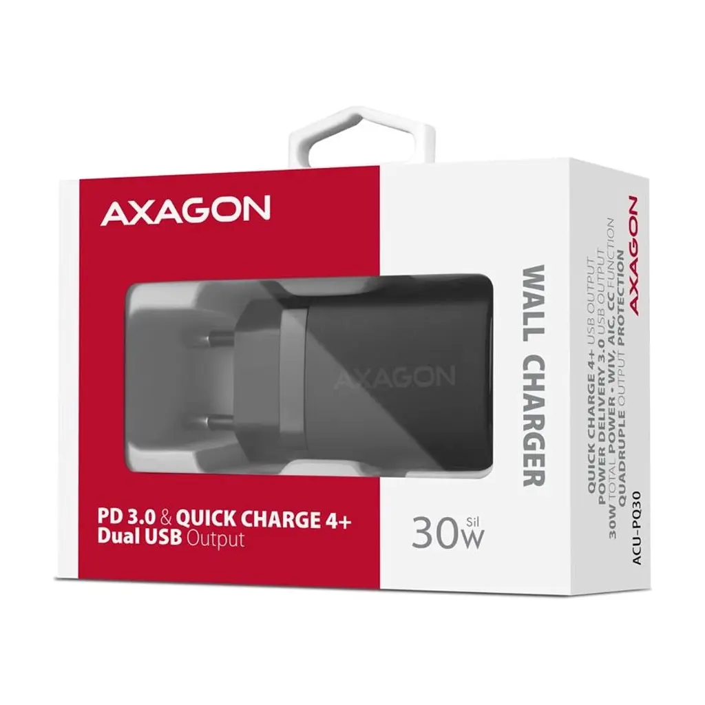 Зарядний пристрій AXAGON 1xUSB QC4.0 + 1xUSB-C PD30W PPS black (ACU-PQ30) - фото 3