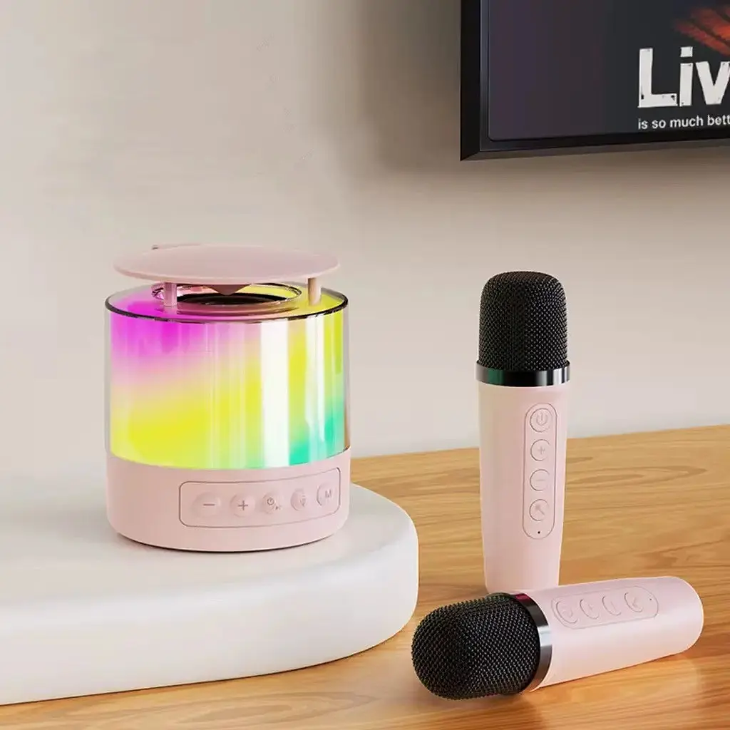 Портативная блютуз колонка караоке Smart portable speaker K-19 5W, Розовый, музыкальная колонка с микрофонами - фото 5