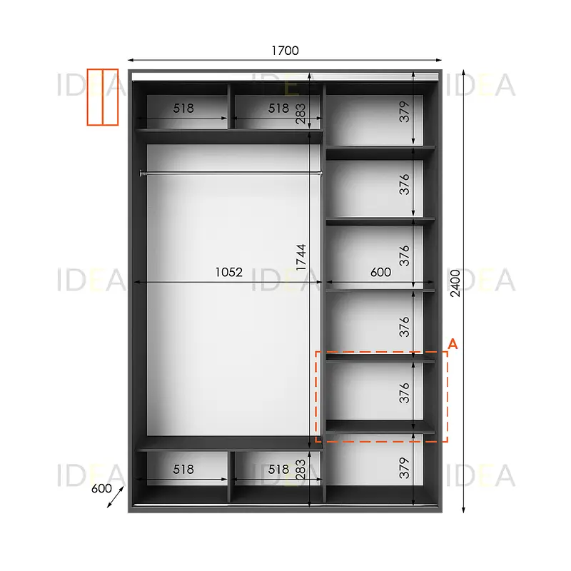 Шафа-купе Idea серія 1 170 x 60 x 240 см Антрацит Дзеркало - фото 2