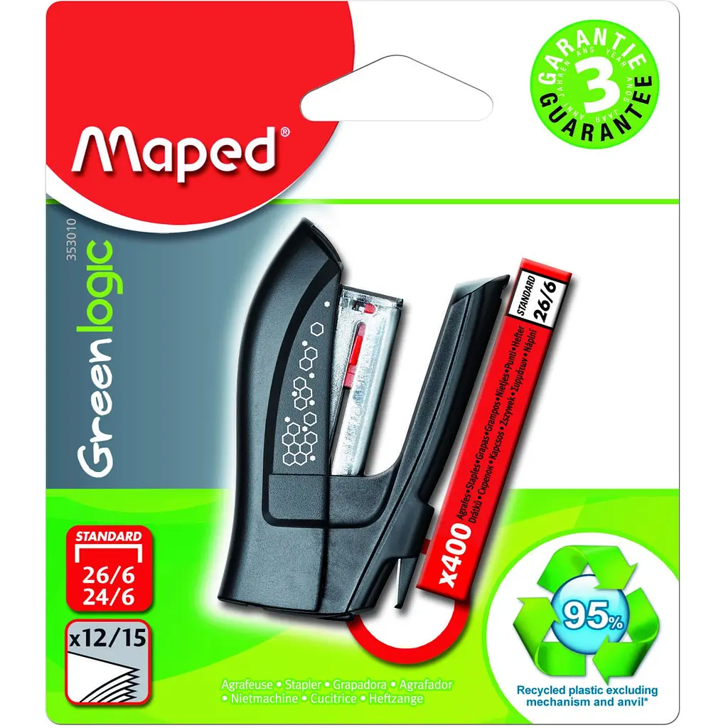 Степлер Maped Greenlogic Mini пластиковий 15 аркушів №24/6, 26/6 в асортименті (MP.353010) - фото 4