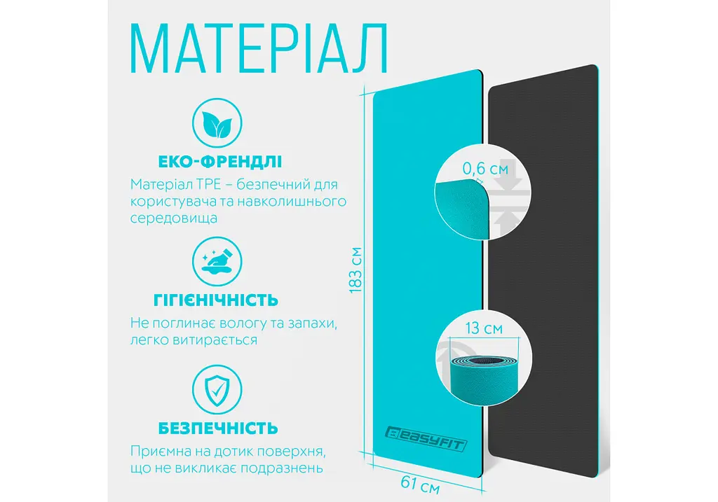 Килимок для йоги та фітнесу EasyFit TPE+TC 6 мм двошаровий м'ятний-чорний (EF-1924-MTB) - фото 5