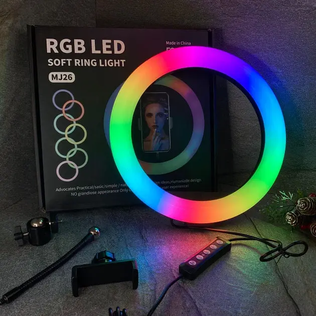 Селфи-лампа LED кольцевая 26 см Voltronic MJ26 RGB + штатив - фото 3