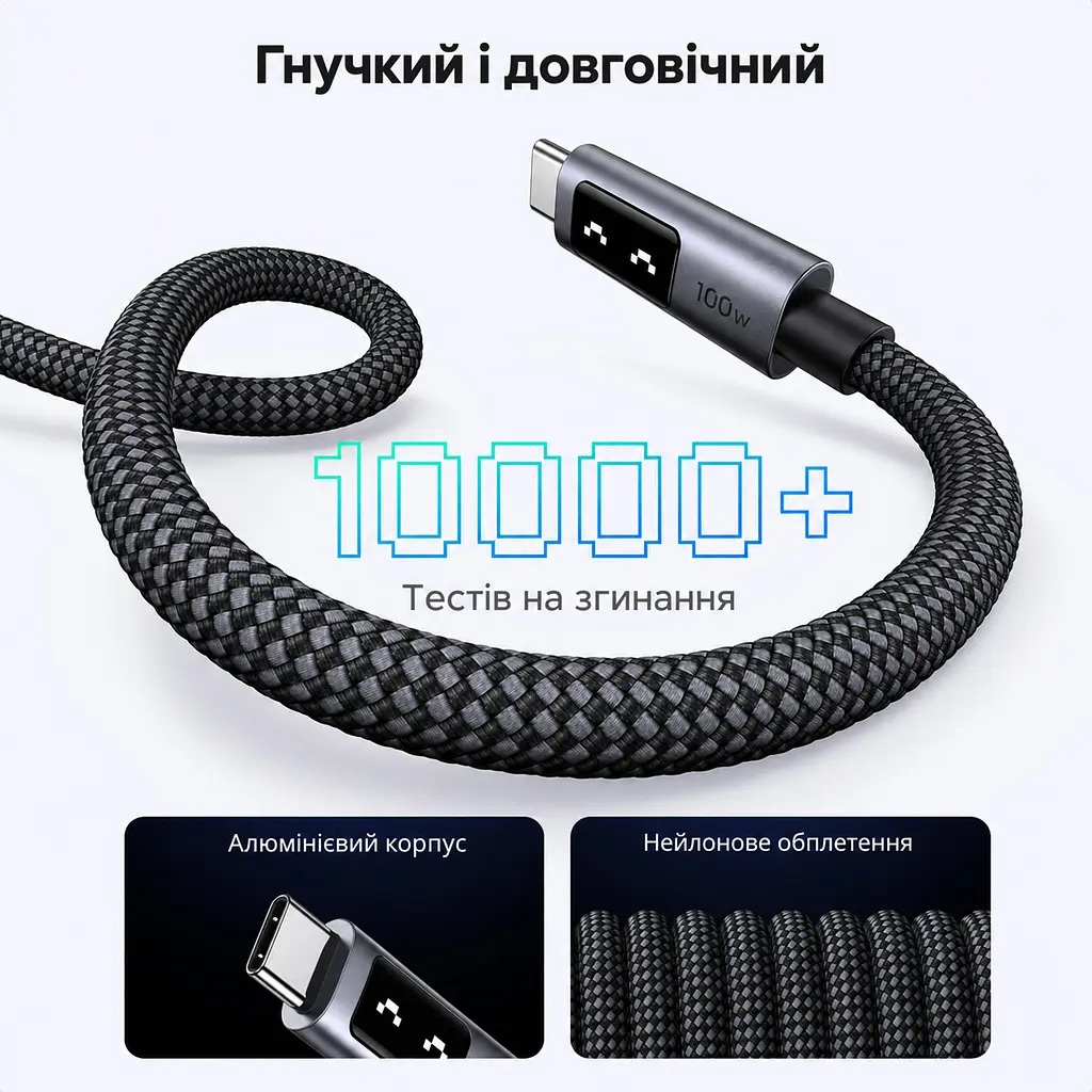Кабель UGREEN Uno L509 USB-C - USB-C PD 100 Вт з дисплеєм 0,5 м чорно-сірий (45612) - фото 8