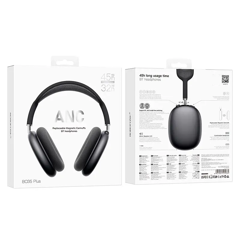 Накладные наушники Borofone BO35 Plus Adorable, ANC, BT headphones, BT5.4, AUX, 400mAh, 32h, 45h, grey - фото 6