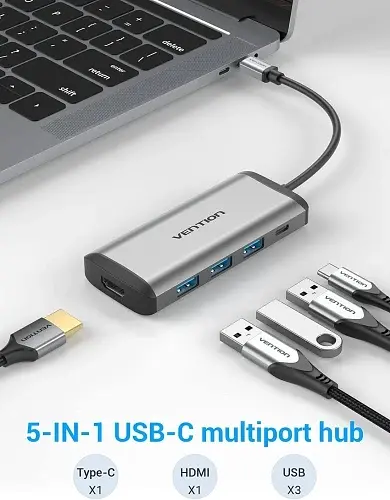 Хаб USB 5-in-1 Grey Type-C 3.2 - 1xType-C (100 Вт) / 3xUSB 3.0 / HDMI 4K Vention teh0019594 - фото 2