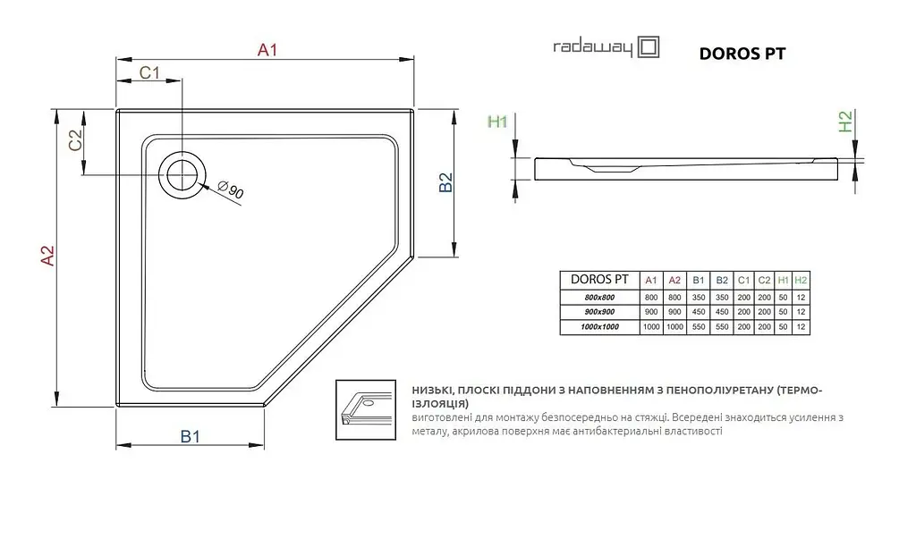 Душевой поддон Radaway Doros Plus PT 100x100 SDRPTP1010-01 - фото 2