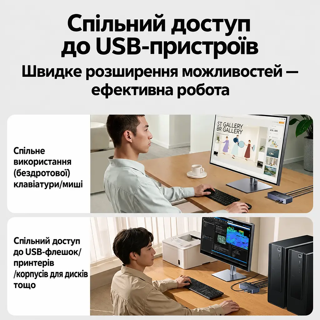 HDMI KVM-перемикач UGREEN AK500 2 ПК і 2 монітори 4K 60 Гц 2K 144 Гц 1080p 240 Гц по 2 HDMI-входи на ПК і 2 HDMI-виходи для периферії 3 USB-A та USB-C USB 3.0 5 Гбіт/с живлення DC 12 В (85719) - фото 8
