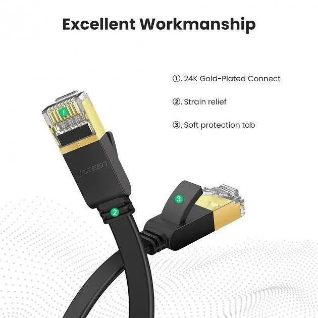 Патч корд Ugreen мережевий кабель 10 Гбіт \ Ethernet RJ45 Cat 7 плоский 0.5М Black (NW107) - фото 2