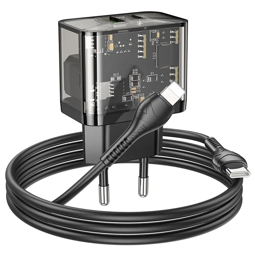 Зарядний пристрій Hoco N34 USB/ Type-C QC PD 20W прозоро-чорний + кабель Type-C to Lightning - фото 7