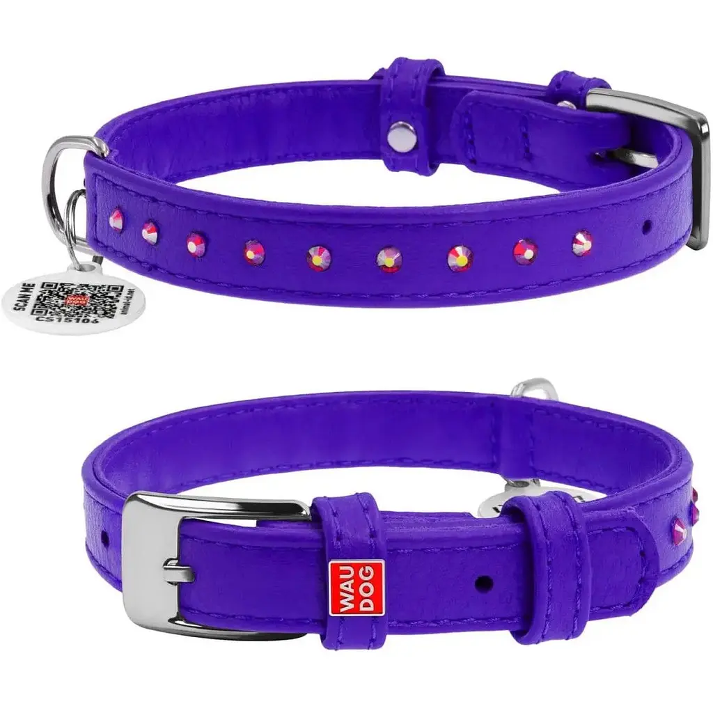 Нашийник для собак Waudog Glamour, шкіряний, зі стразами, з QR паспортом, M, 27-36х1,5 см, фіолетовий - фото 3