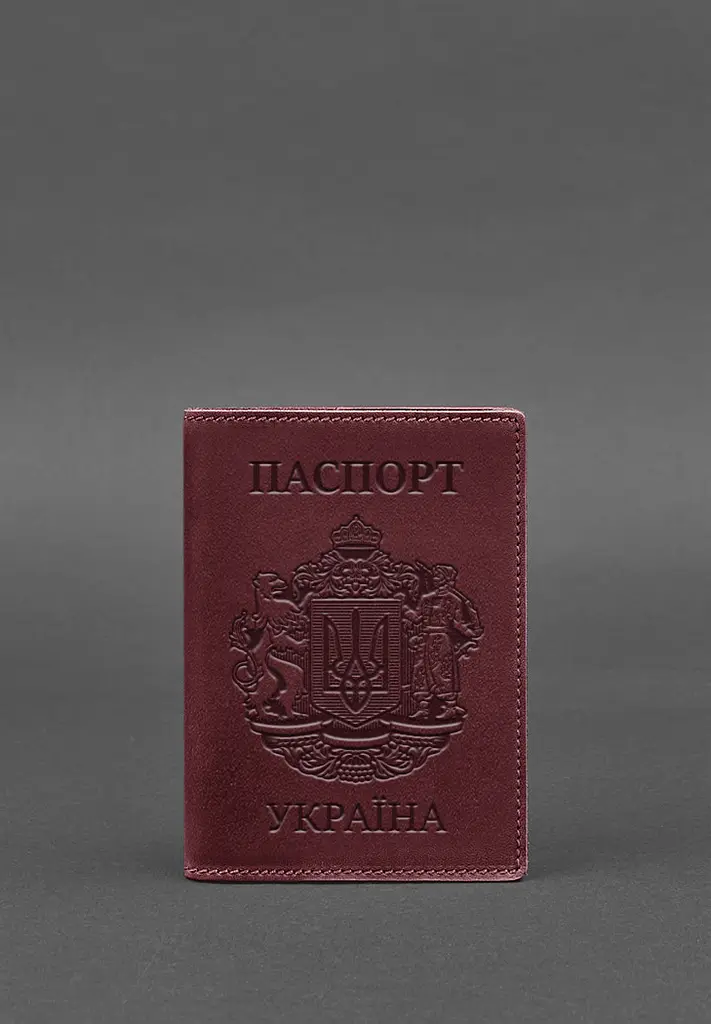 Шкіряна обкладинка для паспорта з українським гербом бордова - фото 2