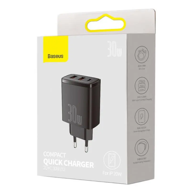 МЗП Baseus Compact Quick Charger 30W QC+PD (2USB-A/1C) (CCXJ-E) Чорний - фото 3