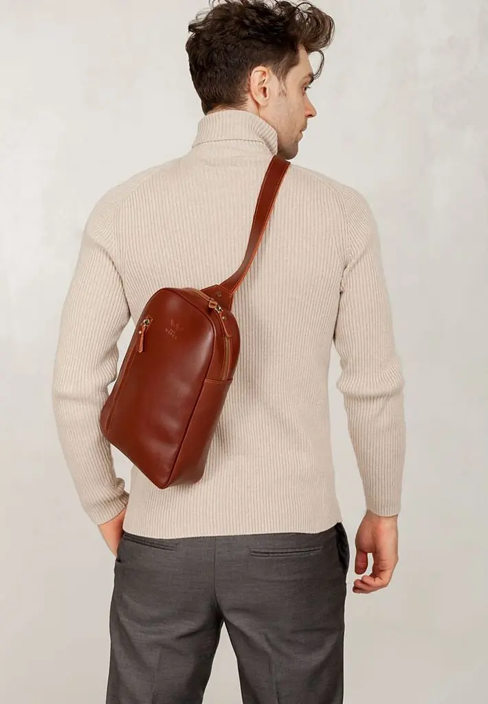 Чоловіча шкіряна сумка Chest bag світло-коричнева - фото 4
