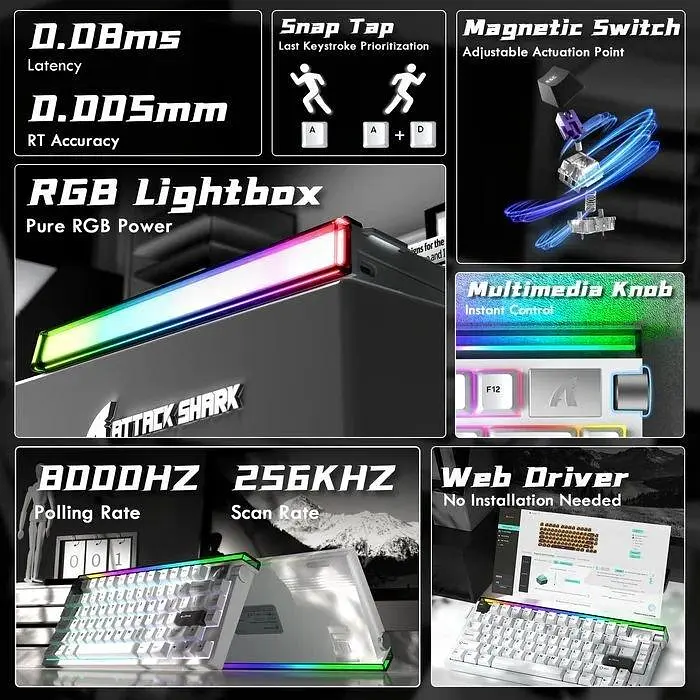 Клавіатура Attack Shark R85 RGB HE Magnetic Purple Mandrel Switches (AS-6972792472522-SW-UA) Starry White (G-000004479) - фото 7