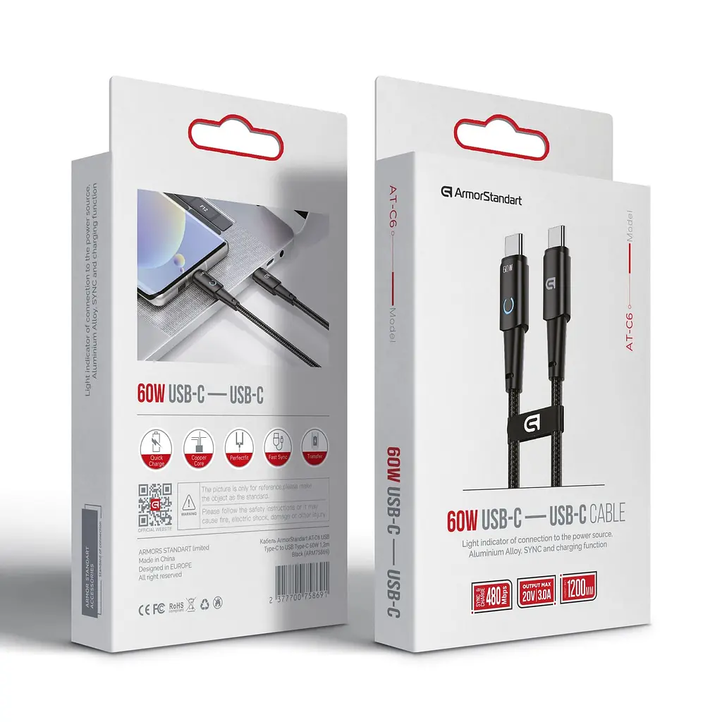 Кабель ArmorStandart AT-C6 USB Type-C to USB Type-C 60W 1,2m Black (ARM75869) - фото 2