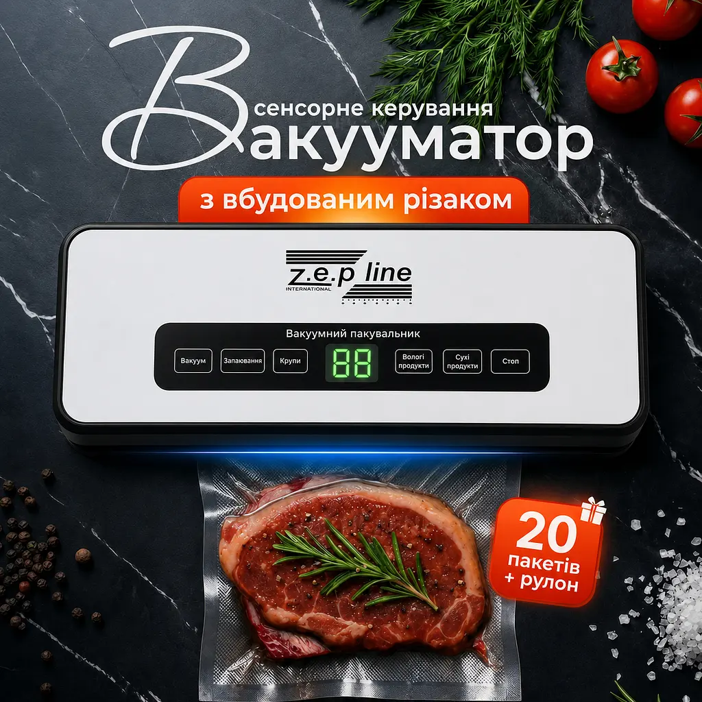 Професійний Вакууматор для продуктів, Zepline 4.0, 200 Вт Кухонний вакуумний пакувальник, Вакууматор для їжі, Вакуматор, Спаювач, рулон + пакети для вакуумування харчові - фото 2