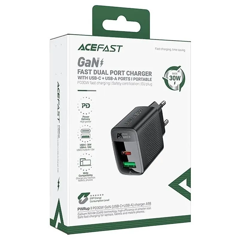 МЗП Acefast A98 PD30W+QC3.0 GaN (1USB-A/1C) Black - фото 2
