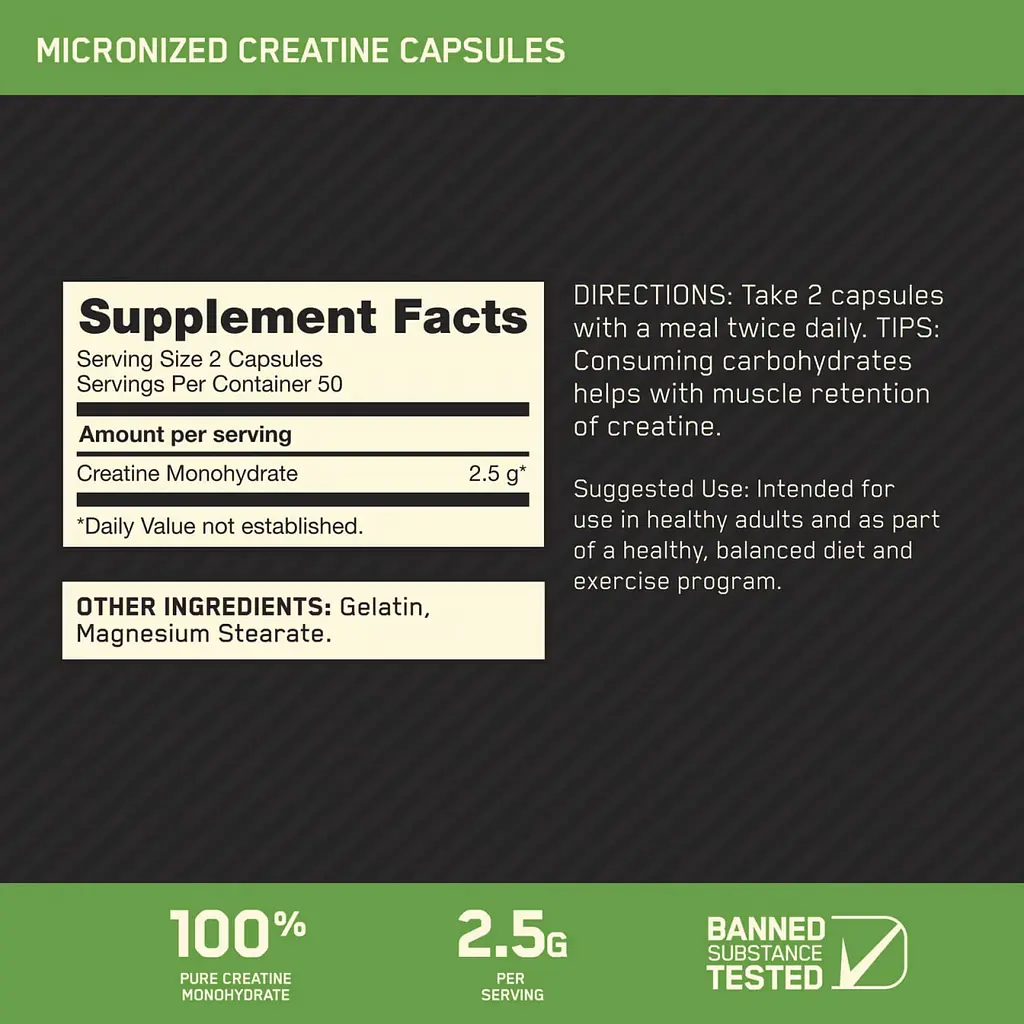 Мікронізований Креатин Optimum Nutrition Моногідрат - 100 капсул - фото 3