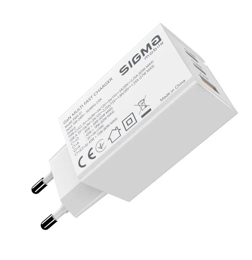 Зарядний пристрій Sigma Mobile PS6501 X-power 65 W GaN, PD, QC, 2xUSB-C, 1xUSB-A, White - фото 4