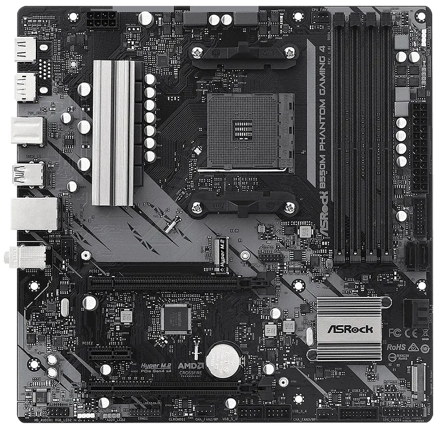 Материнська плата AM4 (B550) ASRock B550M Phantom Gaming 4, B550, 4xDDR4, CrossFireX, Int.Video(CPU), 4xSATA3, 2xM.2, 1xPCI-E 16x 4.0, 1xPCI-E 16x 3.0, 1xPCI-E 1x 3.0, ALC887, RTL8111H, 8xUSB3.2/4xUSB2.0, HDMI/DP, Micro ATX - фото 2