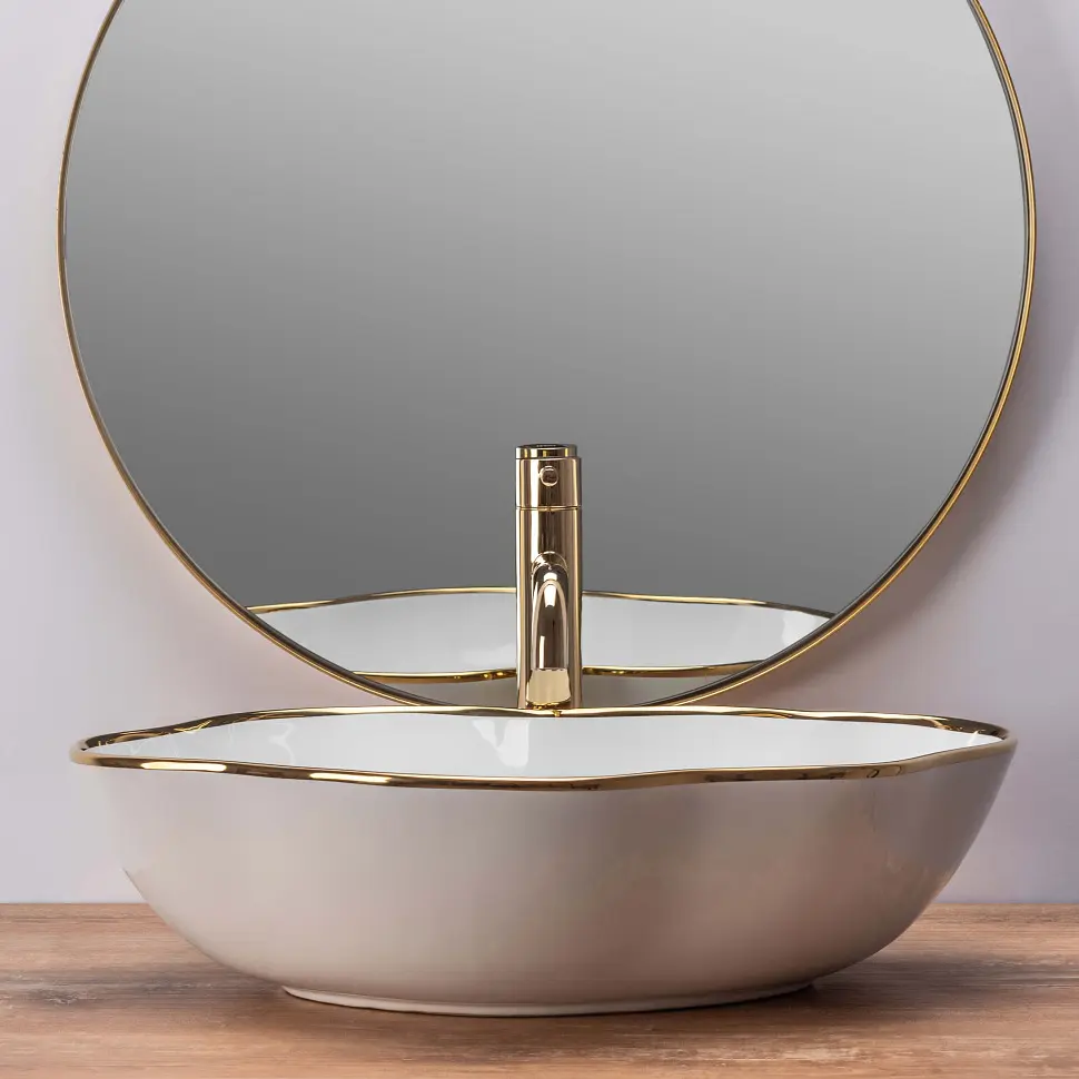 Умывальник Rea Pearl 51,5x37,5 gold edge (REA-U0696), Глянцевая - фото 3