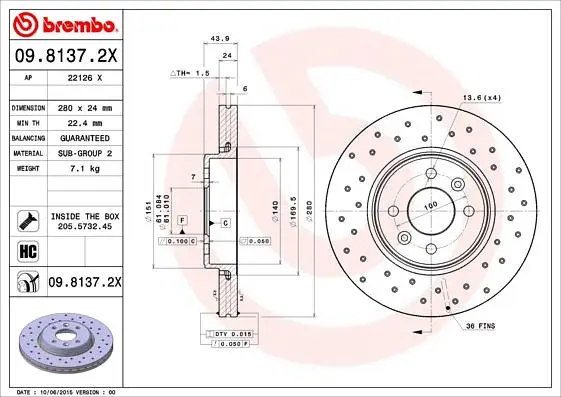 Диск гальмівний передній вентильований Renault Megane I-II, Captur I, 93-25р Brembo (09.8137.2X) - фото 2