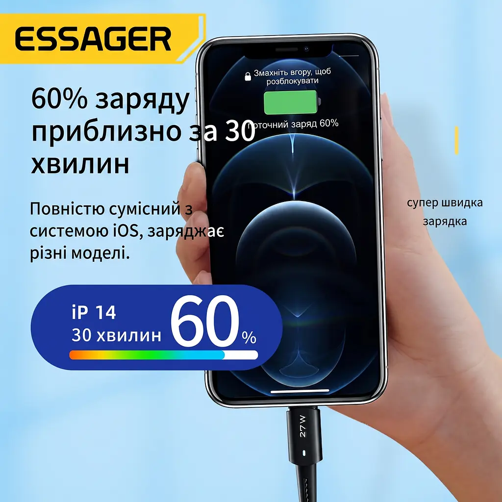 Кабель Essager Type-C – Lightning 27W, 1 м, чорний - фото 5