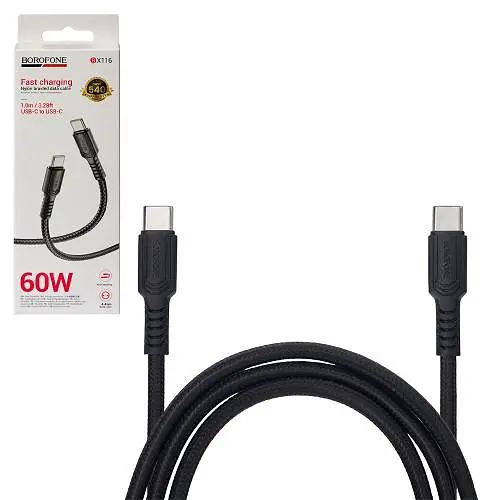 Кабель BOROFONE BX116BK, Type-C - Type-C 60W, 1m, Black (швидка зарядка/передача даних)