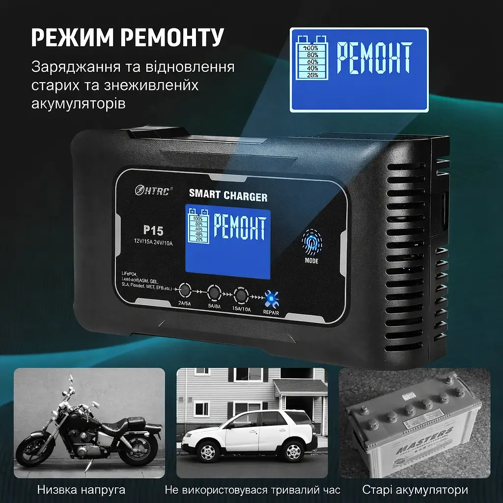 Автоматичний зарядний пристрій HTRC P15 Імпульсний, функція ремонту Repair, десульфатор 12V 15A-24V 10A LiFePO4, AGM, GEL, EFB, WET (19523) - фото 4