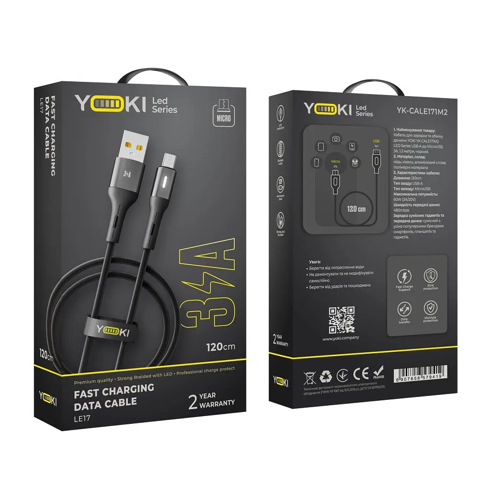 Кабель для заряджання та обміну даними USB Yoki YK-LE17 LED Series USB/MicroUSB 60W 3A/20V 1.2 m Black - фото 2