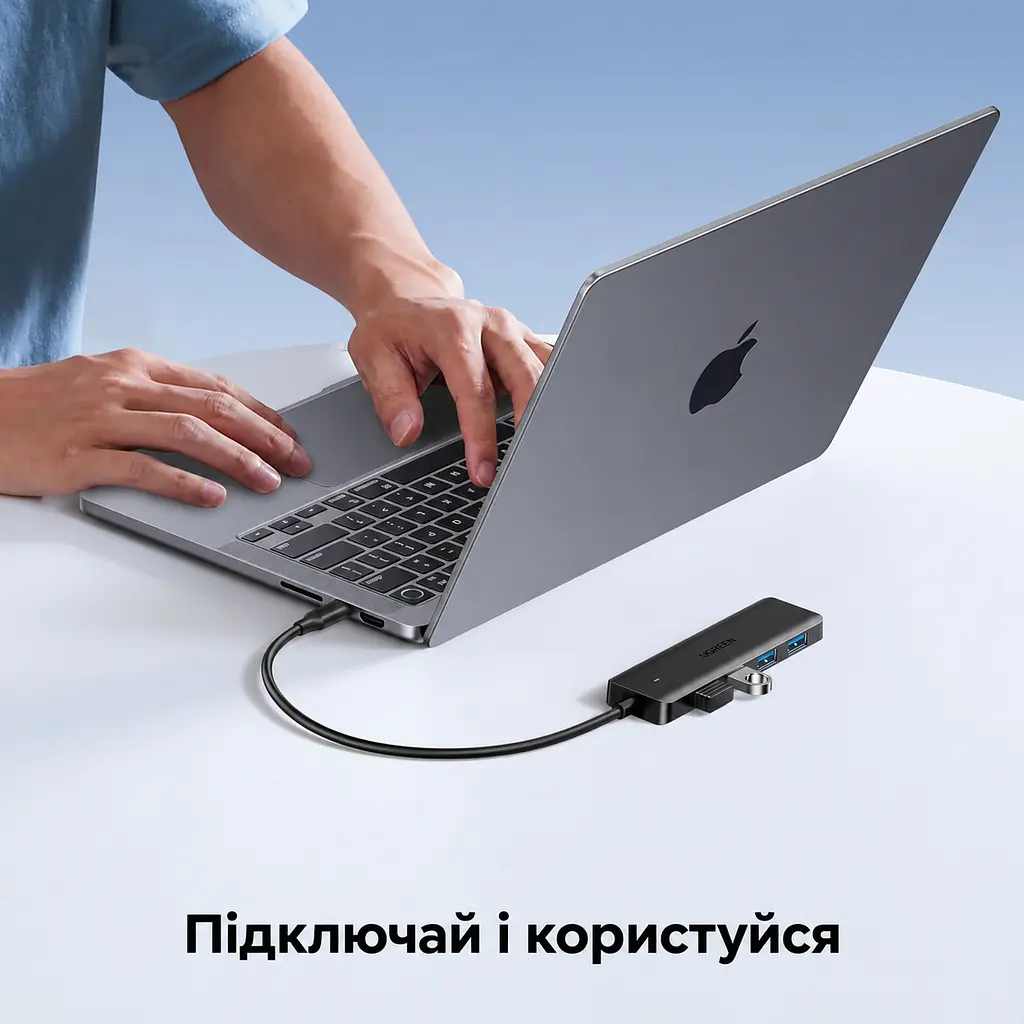 USB-хаб UGREEN CM219 концентратор вхід USB-C та 4 порти USB-A USB 3.2 Gen 1 теоретично до 5 Гбіт/с для Windows macOS Linux і Chrome OS Plug and Play для PS5 із сумісними з консоллю USB-аксесуарами зі світлодіодним індикатором вбудований кабель 0,15 м чорний (35461) - фото 6