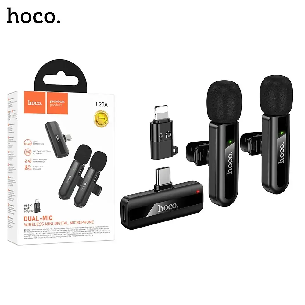Мікрофон петличний Hoco L20A Fair dual-mic wireless microphone (iP/Type-C) чорний - фото 4