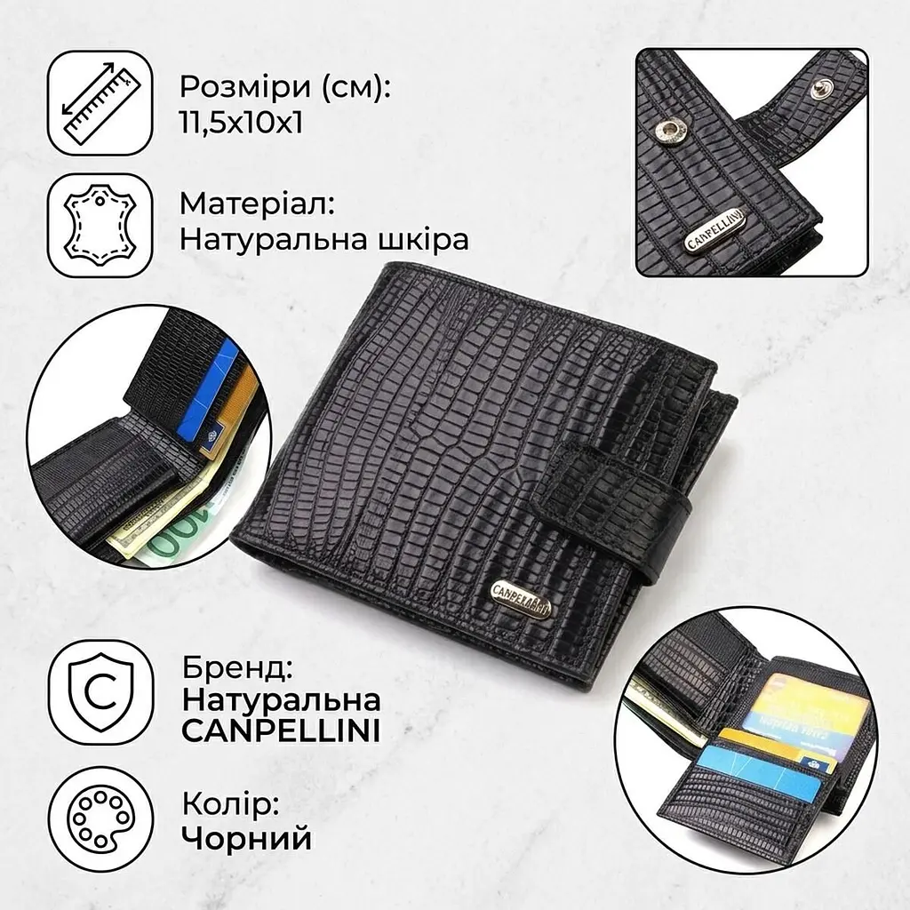 Оригінальний фактурний гаманець горизонтального формату з натуральної шкіри з тисненням Canpellini 21771 чорний - фото 3