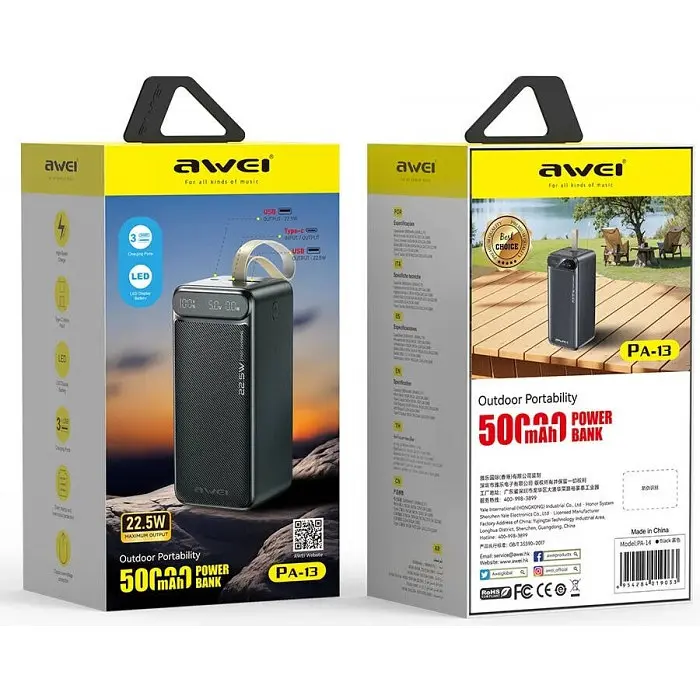 Power bank AWEI PA13 50000mAh PD22 5W, Зовнішній акумулятор зі швидкою зарядкою Чорний - фото 2