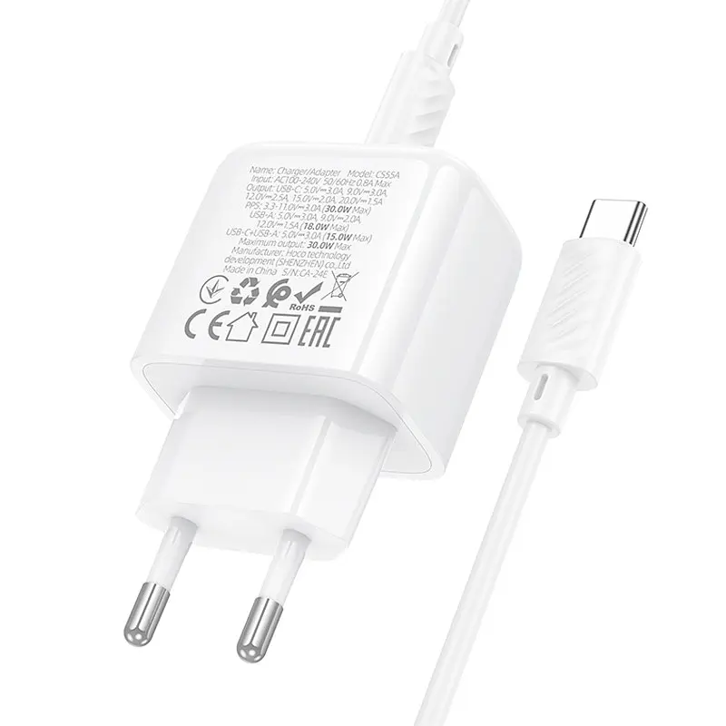 МЗП Hoco CS55A Surplus PD30W+QC3.0 (1USB-A/1C) + кабель Type-C to Type-C White - фото 7