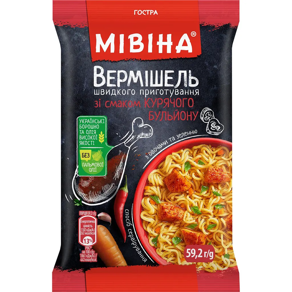 Вермішель швидкого приготування Мівіна зі смаком курячого бульйону з овочами та зеленню гостра 30 шт. х 59.2 г (852592)  - фото 2