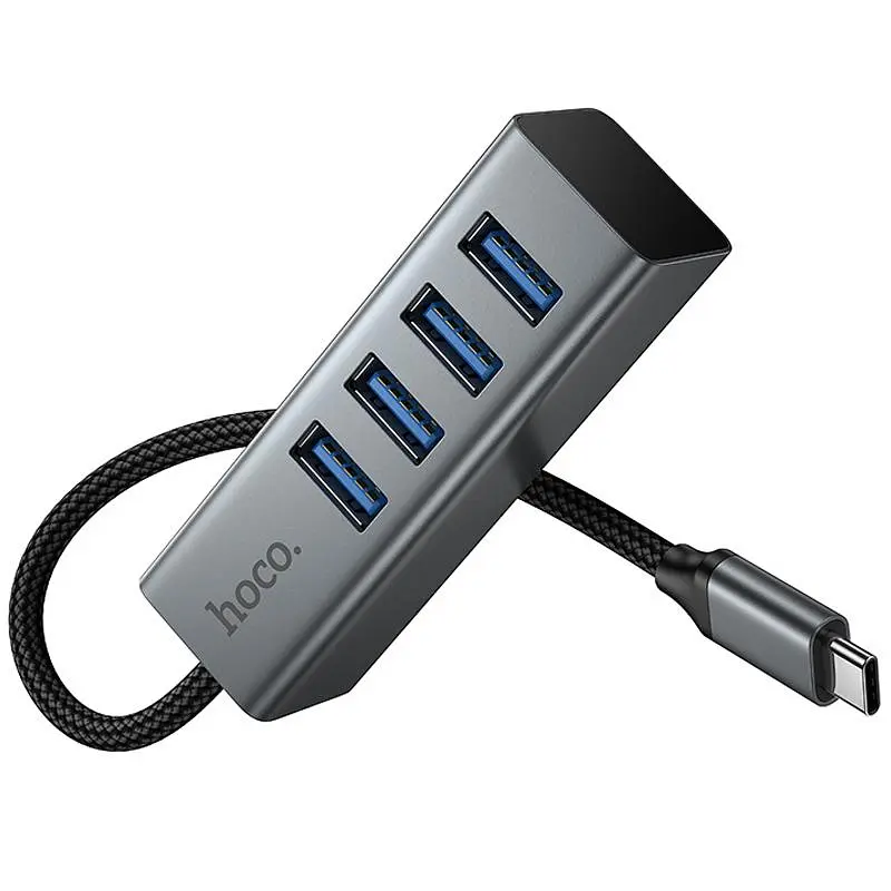 Переходник HUB Hoco HB1C 4-в-1 (Type-C на 4xUSB 3.0) (0,2 м), металлический серый - фото 6