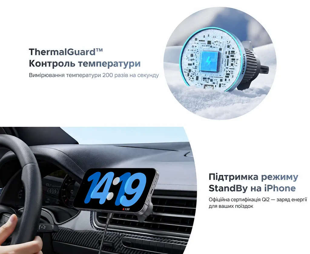Магнітний автотримач із бездротовим заряджанням UGREEN W758 Qi2 до 25 Вт для iPhone 16/17 з iOS 26+ до 15 Вт для iPhone 12–15 вхід USB-C потрібні окремий адаптер для прикурювача від 45 Вт і кабель від 60 Вт кріплення на прямі горизонтальні/вертикальні ламелі решітки обертання 360° iPhone StandBy контроль температури захисне вимкнення при сторонніх предметах кабель USB-C ↔ USB-C 1 м у комплекті сріблясто-сірий із синім акцентом і темно-сірим кріпленням (55967) - фото 8