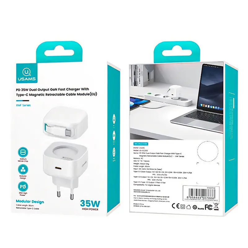 МЗП US-CC202 GaN With Type-C Magnetic Retractable Cable Module XMF Ser. 35W (2USB-C) White Usams teh0029653 - фото 6